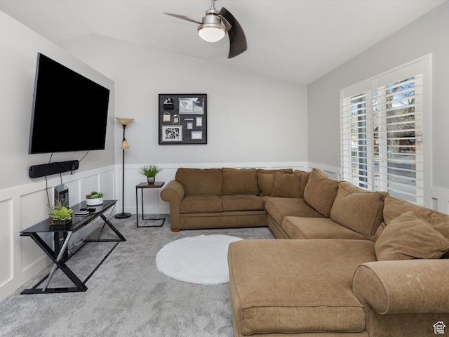 131 Crockett Ave, Logan, UT 84321 - carpeted living room with vaulted ceiling and ceiling fan