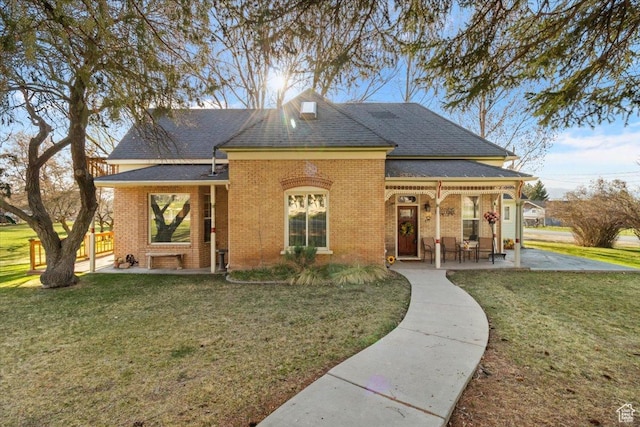 view of front facade featuring roof with shingles, a front yard, and brick siding