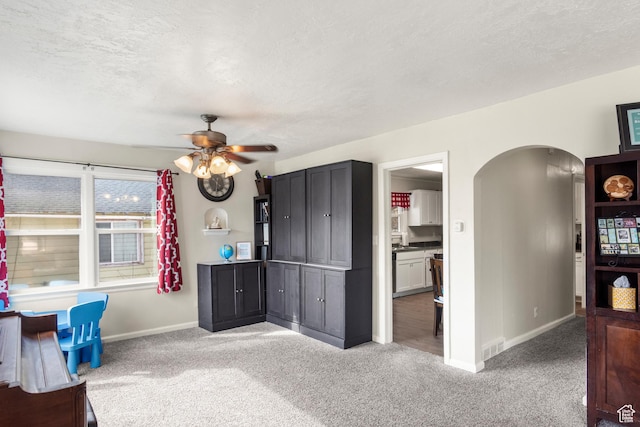 268 S Main St, Malad City, ID 83252 - interior space with baseboards, carpet flooring, a textured ceiling, a ceiling fan, and arched walkways