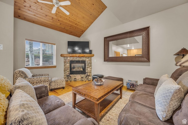 5424 Bobsled Blvd Unit T2, Park City, UT 84098 - living room featuring a stone fireplace, a ceiling fan, wood ceiling, wood finished floors, and vaulted ceiling