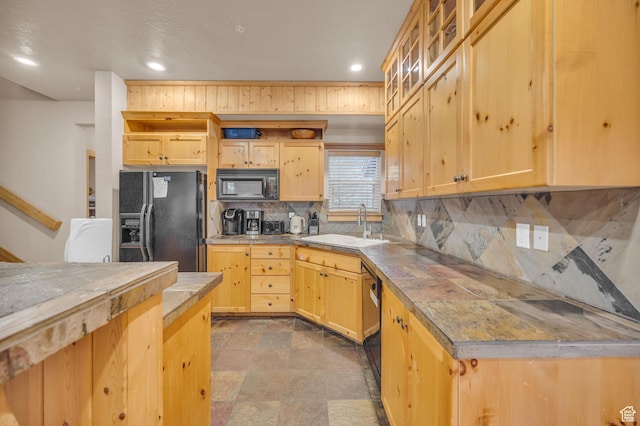 5424 Bobsled Blvd Unit T2, Park City, UT 84098 - kitchen with tasteful backsplash, light brown cabinets, black appliances, stone finish floor, and a sink