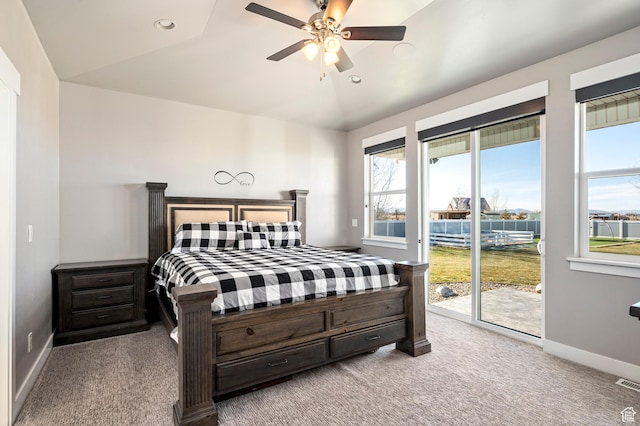 5185 N 600 E, Enoch, UT 84721 - carpeted bedroom featuring baseboards, a ceiling fan, recessed lighting, access to exterior, and lofted ceiling