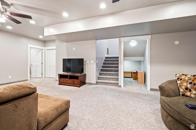 5185 N 600 E, Enoch, UT 84721 - carpeted living room with recessed lighting, ceiling fan, stairway, and baseboards