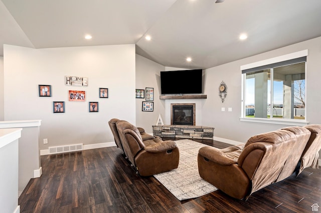 5185 N 600 E, Enoch, UT 84721 - living area with baseboards, recessed lighting, visible vents, lofted ceiling, and wood finished floors