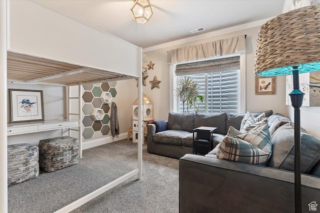 living area featuring crown molding, carpet flooring, baseboards, and visible vents