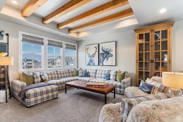 living room with beamed ceiling, recessed lighting, carpet, and visible vents
