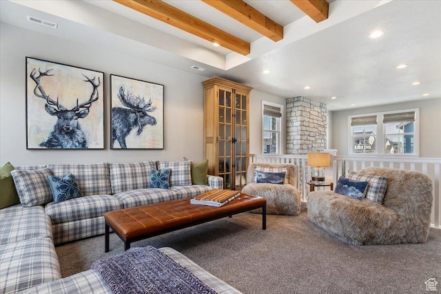 carpeted living room with recessed lighting, visible vents, and beamed ceiling