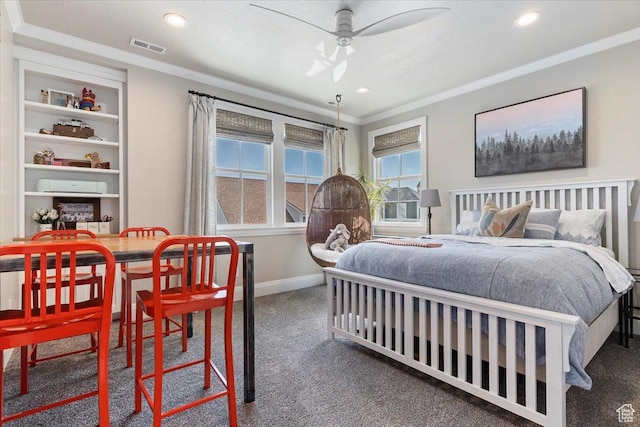 bedroom with ornamental molding, visible vents, recessed lighting, carpet floors, and baseboards
