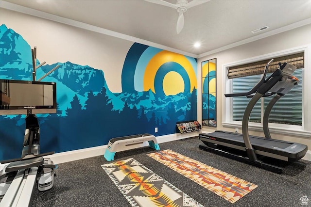 workout room with baseboards, ornamental molding, recessed lighting, visible vents, and ceiling fan