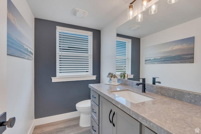 bathroom featuring toilet, wood finished floors, vanity, and baseboards
