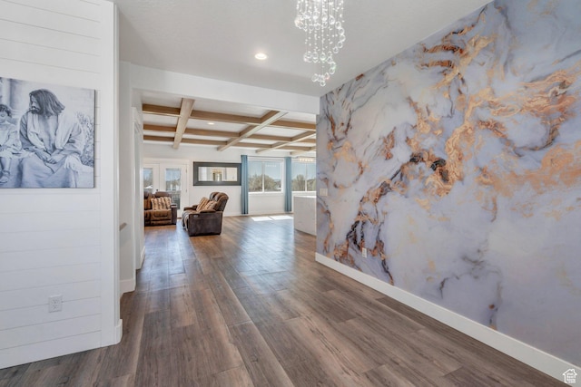 hallway with recessed lighting, wood finished floors, coffered ceiling, baseboards, and beam ceiling