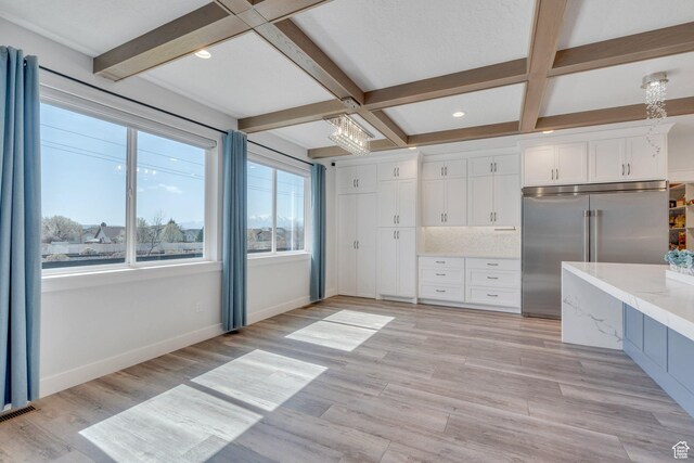 kitchen featuring baseboards, built in refrigerator, light wood-style floors, beamed ceiling, and decorative backsplash