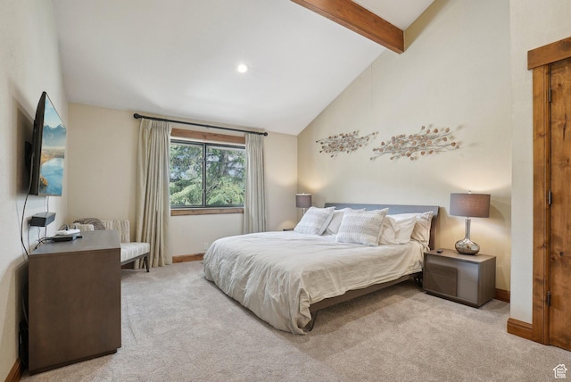1335 Deer Valley Dr S, Park City, UT 84060 - bedroom with high vaulted ceiling, carpet, baseboards, and beam ceiling
