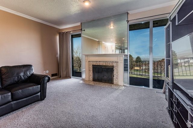 1357 E Ridgewood Ln S, Bountiful, UT 84010 - carpeted living area with ornamental molding, a premium fireplace, visible vents, and a textured ceiling
