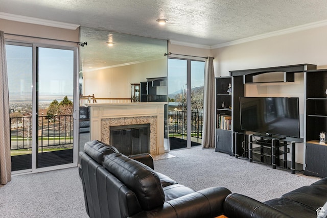 1357 E Ridgewood Ln S, Bountiful, UT 84010 - carpeted living room featuring ornamental molding, a textured ceiling, and a fireplace
