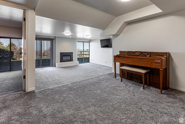 1357 E Ridgewood Ln S, Bountiful, UT 84010 - living area featuring baseboards, carpet flooring, lofted ceiling, and a fireplace