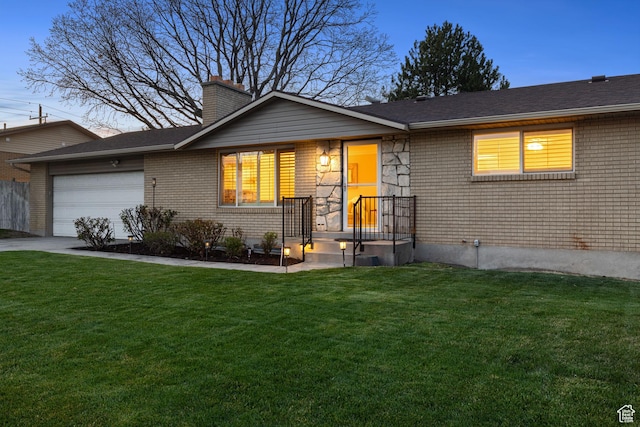 3168 W Ryan Dr, Taylorsville, UT 84129 - ranch-style house featuring a garage, a front yard, a chimney, and concrete driveway