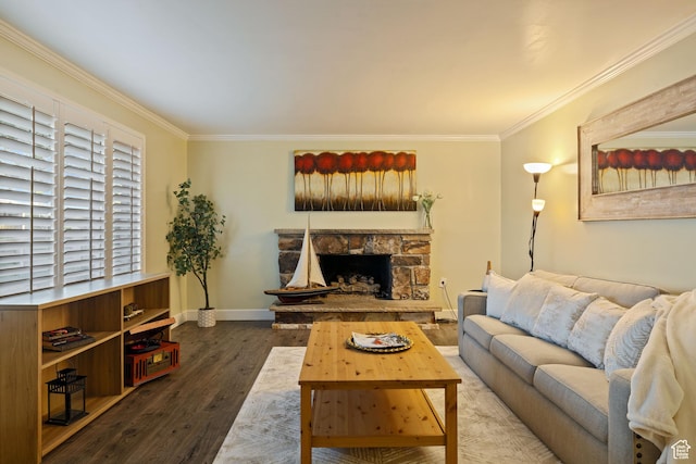 3168 W Ryan Dr, Taylorsville, UT 84129 - living room featuring baseboards, dark wood-style floors, a stone fireplace, and ornamental molding
