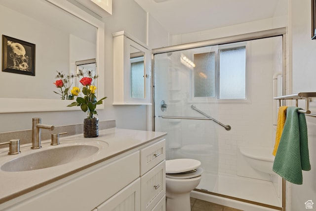 3168 W Ryan Dr, Taylorsville, UT 84129 - full bathroom featuring toilet, a stall shower, vanity, and tile patterned floors