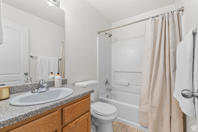 full bathroom with shower / bath combo, tile patterned flooring, vanity, and toilet
