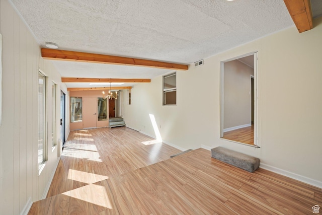 1489 W 300 S, Salt Lake City, UT 84104 - empty room with a textured ceiling, wood finished floors, beamed ceiling, and visible vents