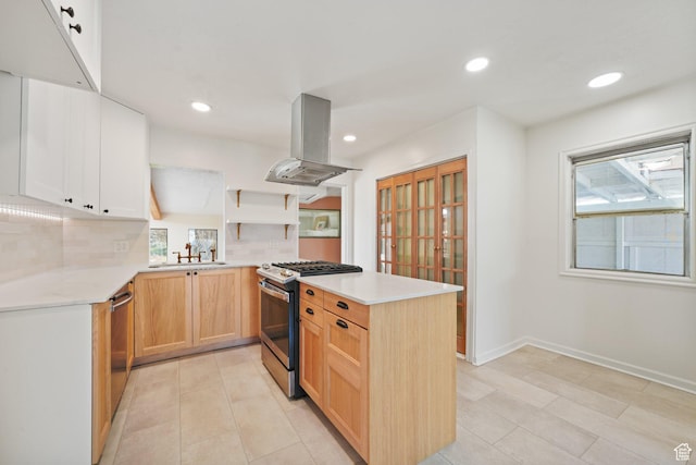 1489 W 300 S, Salt Lake City, UT 84104 - kitchen with island range hood, a wealth of natural light, stainless steel appliances, and open shelves