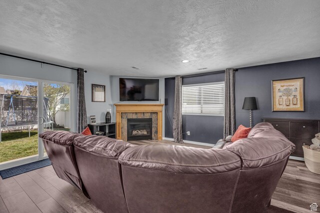 358 W Bricker Rd, Draper, UT 84020 - living area with a textured ceiling, wood finished floors, a tile fireplace, and a wealth of natural light