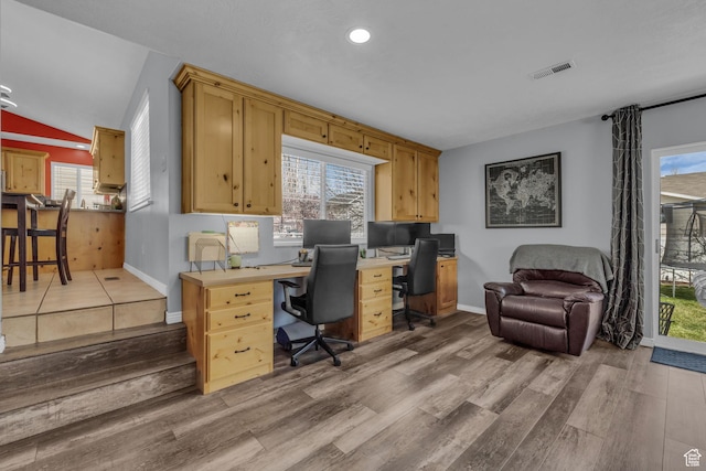358 W Bricker Rd, Draper, UT 84020 - office area with visible vents, baseboards, wood finished floors, and lofted ceiling