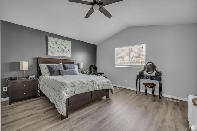 358 W Bricker Rd, Draper, UT 84020 - bedroom featuring light wood-style floors, ceiling fan, visible vents, lofted ceiling, and baseboards
