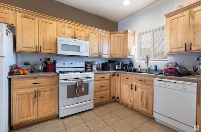 280 N Beacon Dr W, Cedar City, UT 84720 - kitchen featuring white appliances, light brown cabinets, a sink, and light tile patterned floors