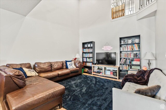 living room with a towering ceiling