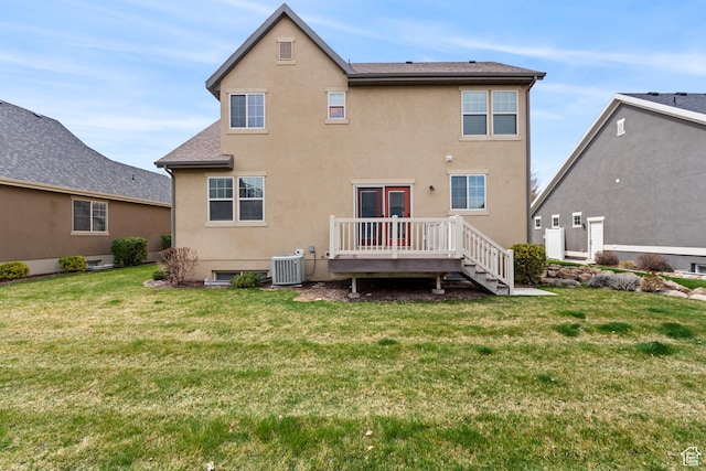 763 S Silver Leaf Dr, Mapleton, UT 84664 - rear view of house featuring central AC unit, a deck, a lawn, and stucco siding