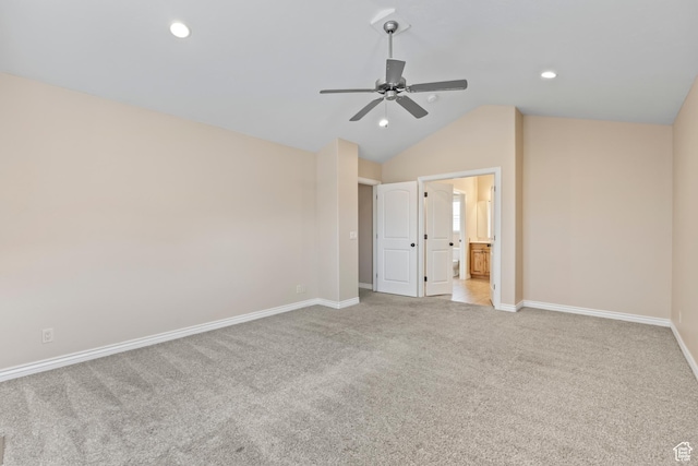 763 S Silver Leaf Dr, Mapleton, UT 84664 - unfurnished bedroom featuring baseboards, vaulted ceiling, recessed lighting, ensuite bath, and light colored carpet