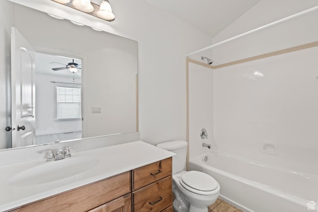 763 S Silver Leaf Dr, Mapleton, UT 84664 - bathroom featuring toilet, vanity, lofted ceiling, and tub / shower combination
