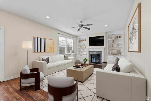 763 S Silver Leaf Dr, Mapleton, UT 84664 - living area with baseboards, recessed lighting, a fireplace, a ceiling fan, and light wood finished floors