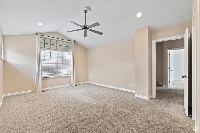 763 S Silver Leaf Dr, Mapleton, UT 84664 - carpeted spare room with ceiling fan, baseboards, vaulted ceiling, and recessed lighting