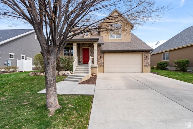 traditional-style house featuring driveway, a garage, stone siding, and a front lawn