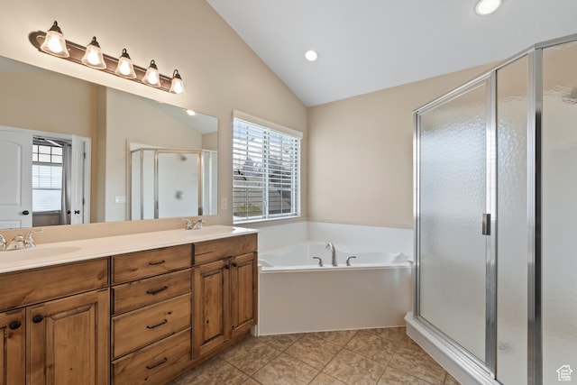763 S Silver Leaf Dr, Mapleton, UT 84664 - full bath with a sink, a shower stall, vaulted ceiling, and a garden tub