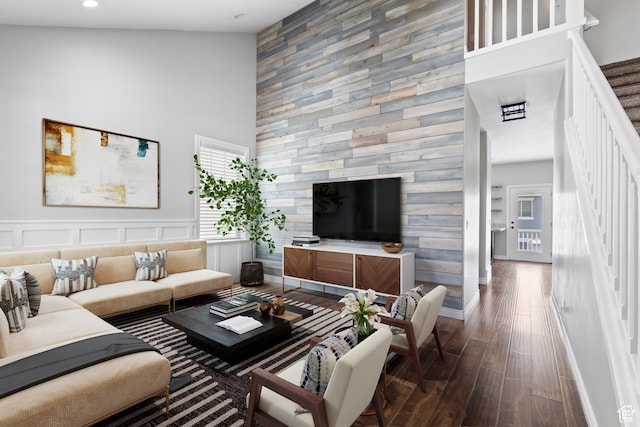 763 S Silver Leaf Dr, Mapleton, UT 84664 - living room featuring dark wood finished floors, stairway, recessed lighting, a high ceiling, and baseboards