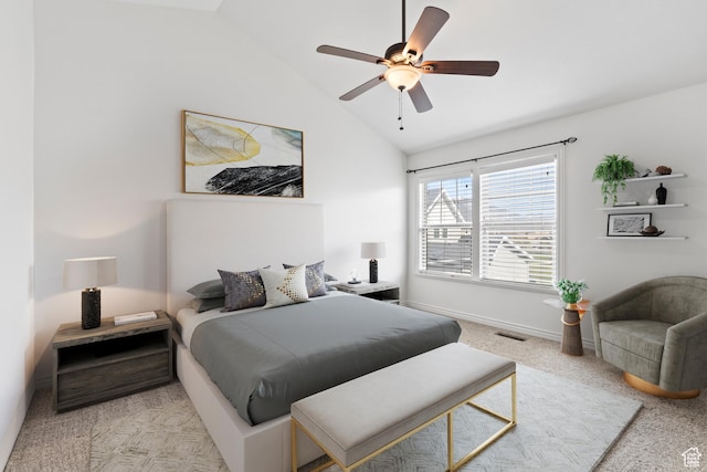 763 S Silver Leaf Dr, Mapleton, UT 84664 - carpeted bedroom with visible vents, ceiling fan, baseboards, and lofted ceiling