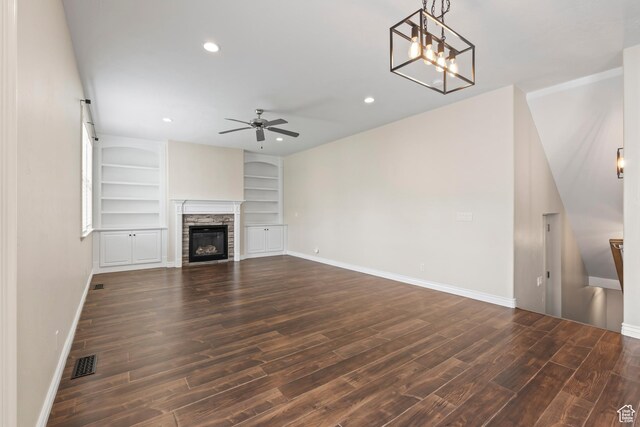 763 S Silver Leaf Dr, Mapleton, UT 84664 - unfurnished living room featuring ceiling fan, baseboards, and dark wood finished floors