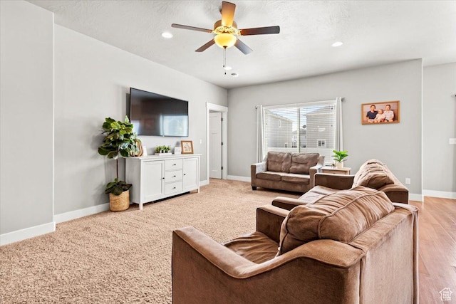 249 N 590 E, Vineyard, UT 84059 - living room featuring a textured ceiling, baseboards, a ceiling fan, and recessed lighting
