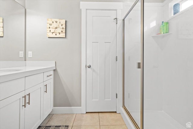249 N 590 E, Vineyard, UT 84059 - full bath with tile patterned floors, a stall shower, baseboards, and vanity