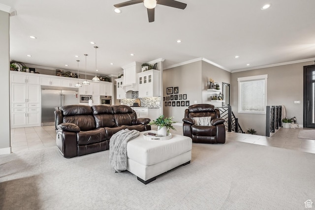 1375 S Red Filly Rd, Heber City, UT 84032 - living area featuring light tile patterned floors, ornamental molding, a ceiling fan, recessed lighting, and light colored carpet