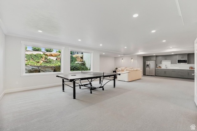 1375 S Red Filly Rd, Heber City, UT 84032 - recreation room with light carpet, recessed lighting, baseboards, and crown molding