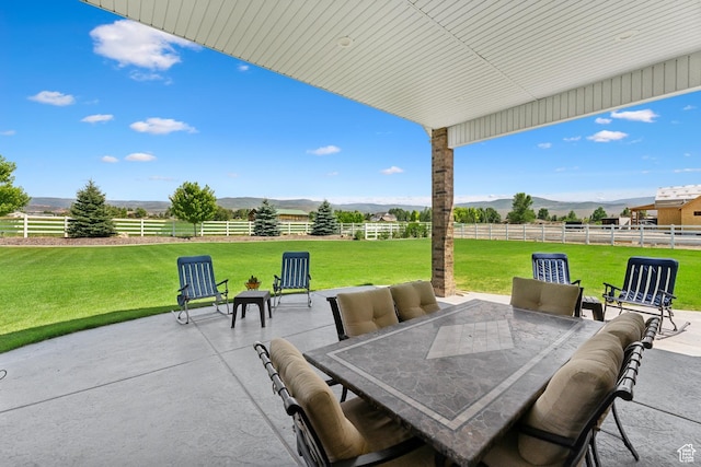1375 S Red Filly Rd, Heber City, UT 84032 - view of patio featuring a mountain view, a fenced backyard, outdoor dining area, and a rural view