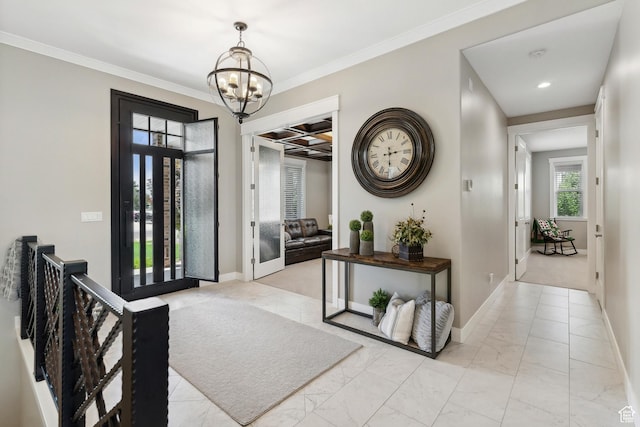 1375 S Red Filly Rd, Heber City, UT 84032 - foyer entrance featuring crown molding, marble finish floor, a notable chandelier, and baseboards