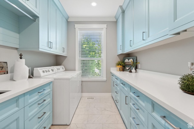 1375 S Red Filly Rd, Heber City, UT 84032 - washroom featuring baseboards, separate washer and dryer, crown molding, cabinet space, and marble finish floor