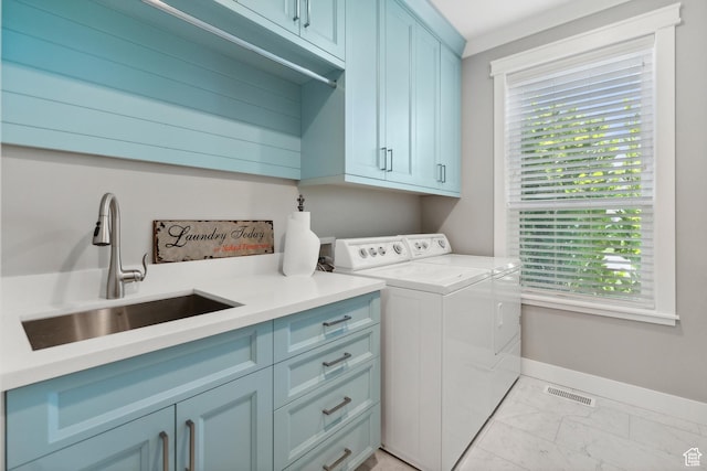 1375 S Red Filly Rd, Heber City, UT 84032 - laundry area with visible vents, a sink, cabinet space, washer and clothes dryer, and marble finish floor