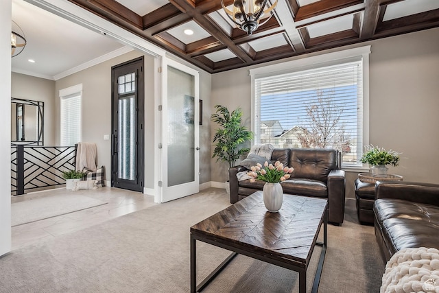 1375 S Red Filly Rd, Heber City, UT 84032 - living room with crown molding, beamed ceiling, light carpet, coffered ceiling, and baseboards